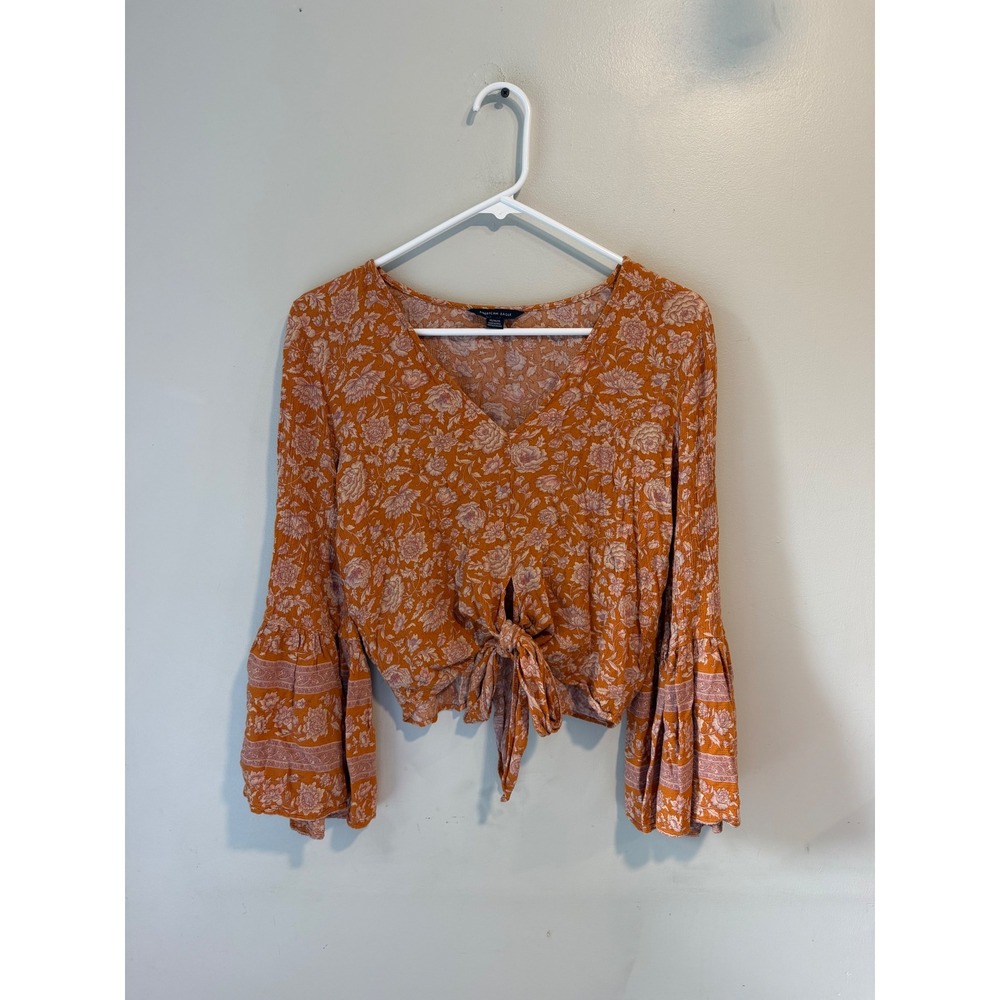 American Eagle Floral Tie Front Bell Sleeve Crop Top Rust Orange Boho Womens M